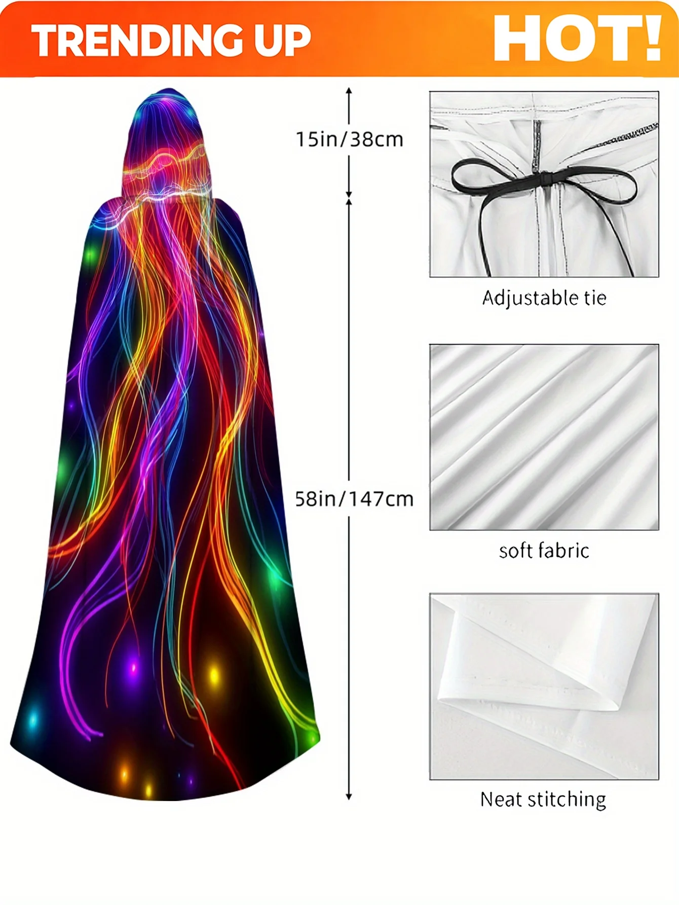 Customization 2D Flat Printed Portable Hooded Cape, Bright Glowing Rainbow Jellyfish Design Made From 100%, For Teenager