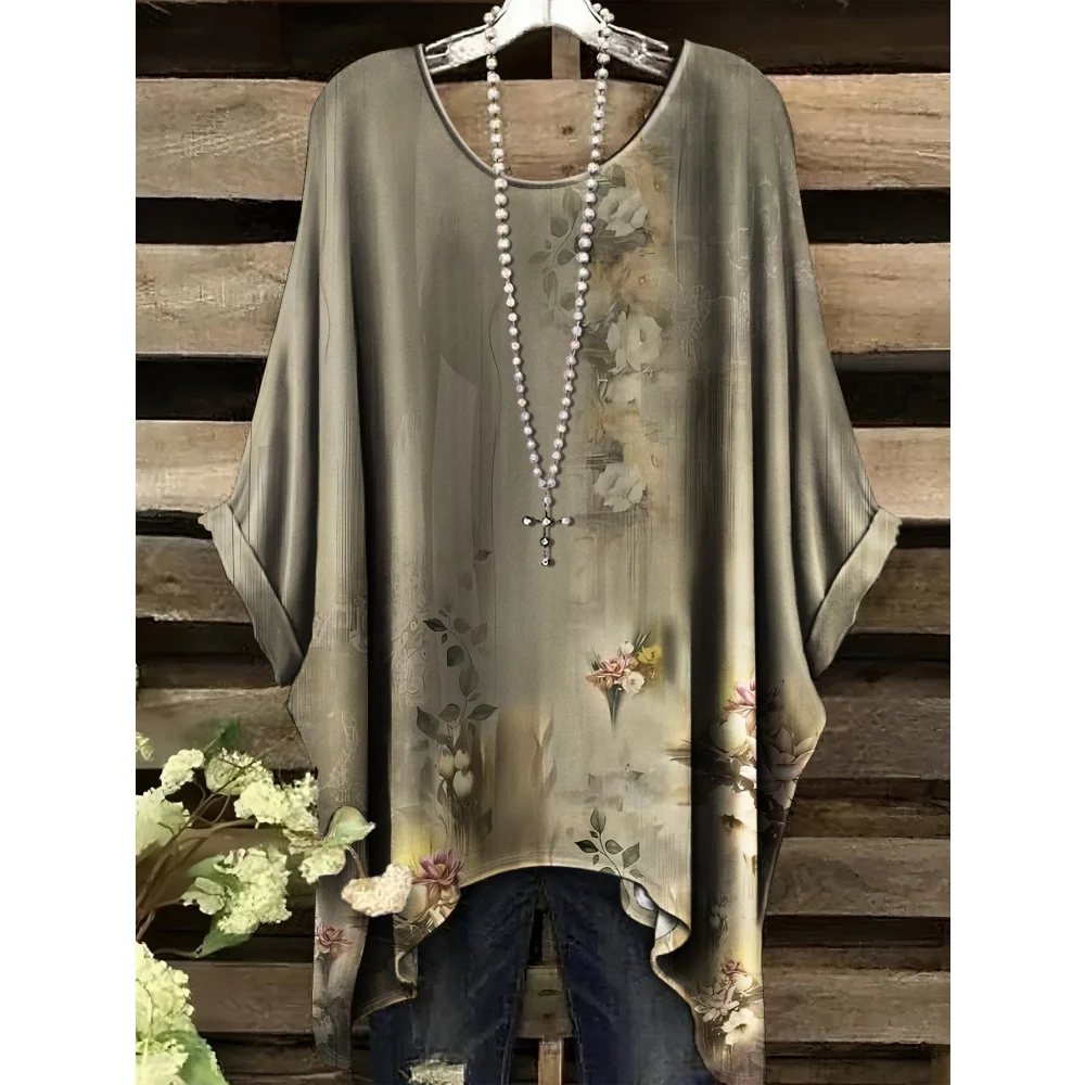 Camisetas con estampado de flores bohemias para mujer, camisetas Y2k con gráfico de cuerpo completo Retro colorido negro, camisetas asimétricas de cáñamo y cuello redondo de verano