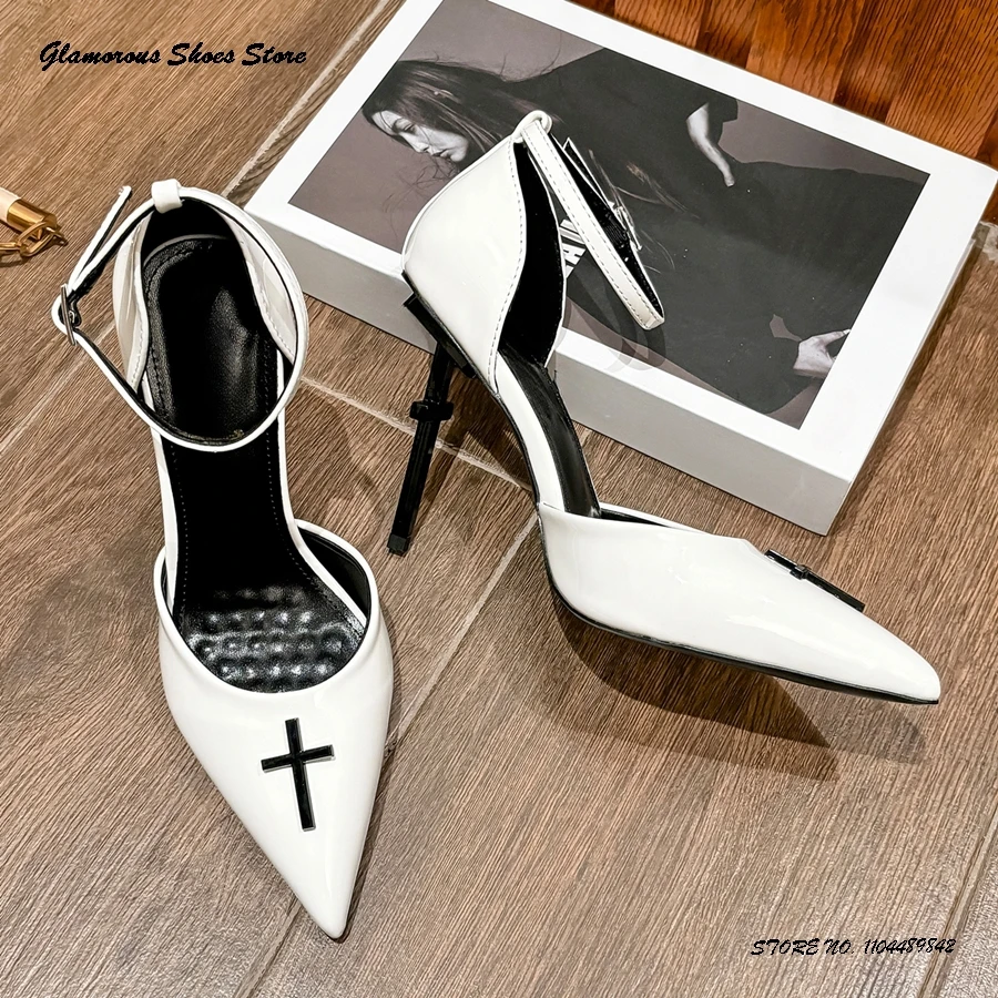 المرأة غريبة نمط حذاء كعب عالي الجدة أشار تو الكاحل حزام فستان الحفلات أحذية الربيع الصيف براءات الاختراع والجلود الخناجر