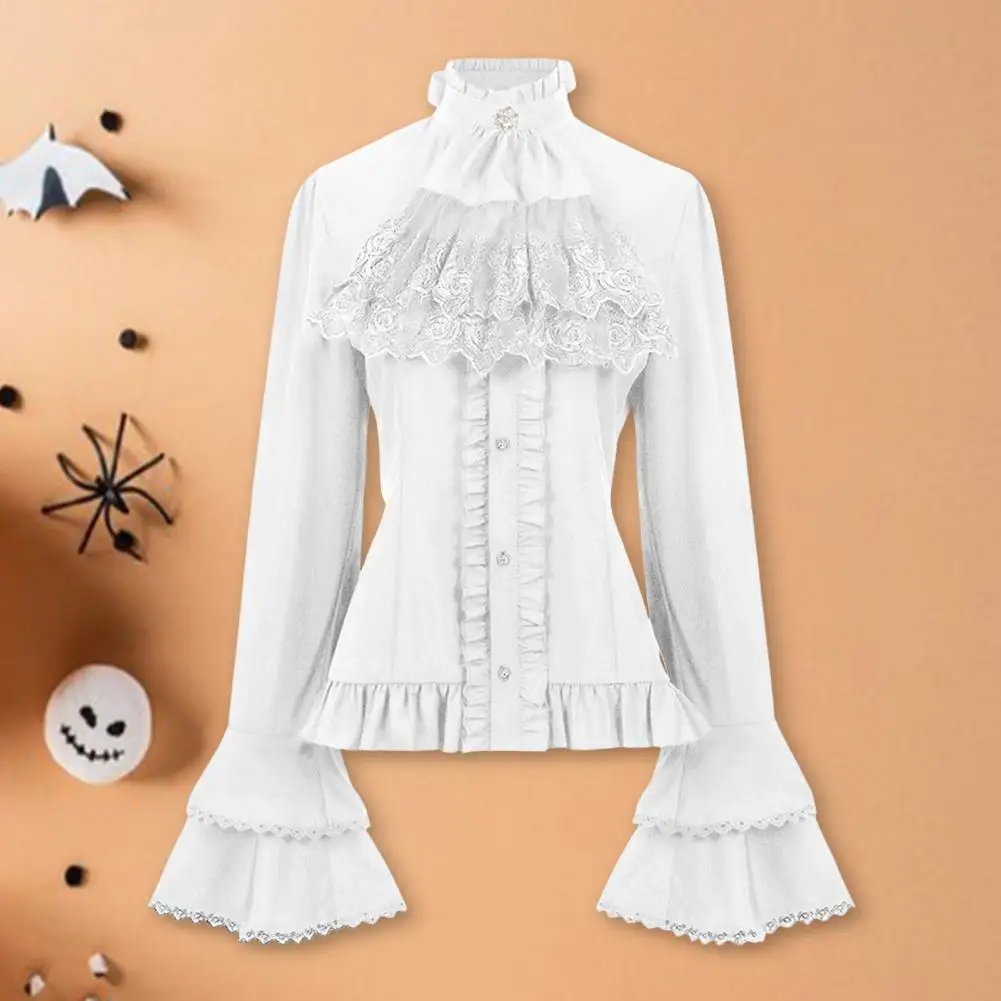 Victorian Women\'s Ruched Lace Shirts And Blouses Gothic Lolita Vintage Long Sleeve Lotus Ruffle Solid Black White Tops Shirt