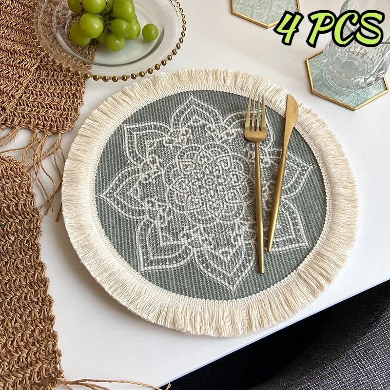 

4pcs Round Bohemian Diameter38cm Anti-scald Insulated Tassels Placemat Tableware Mat Non-Slip Heat-resisting Kitchen Accessories