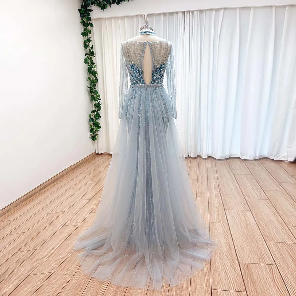 Elegant Mermaid Beads Evening Dress for Women with Detachable Train 2024 Long Sleeves Side Slit Formal Prom Wedding Party Gowns