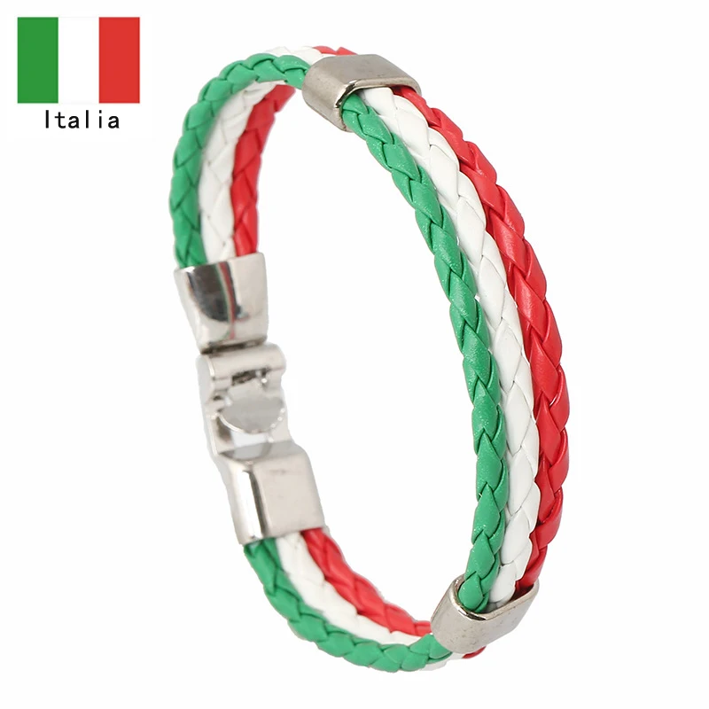 Stainless Steel Men  Spain Germany France Italy Argentina National Flag PU Leather Bracelets Handmade Jewelry