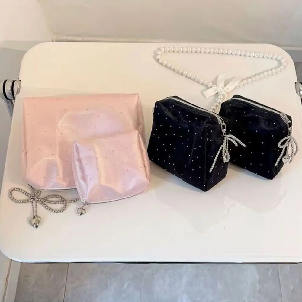Elegant Luxury Sequin Cosmetic Bag Handheld Zipper Makeup Storage Bag Beaded Bowknot Portable Rhinestone Handbag Travel Use