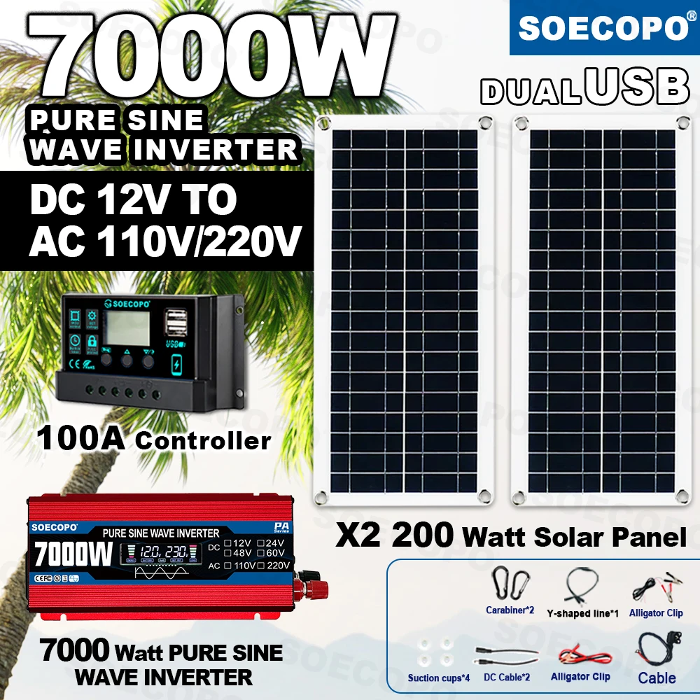

SOECOPO 7000W Solar System Kit -12V To 110V 220V Pure Wave Inverter 2*200W Photovoltaic Panels 100A Controller for Home Off Grid