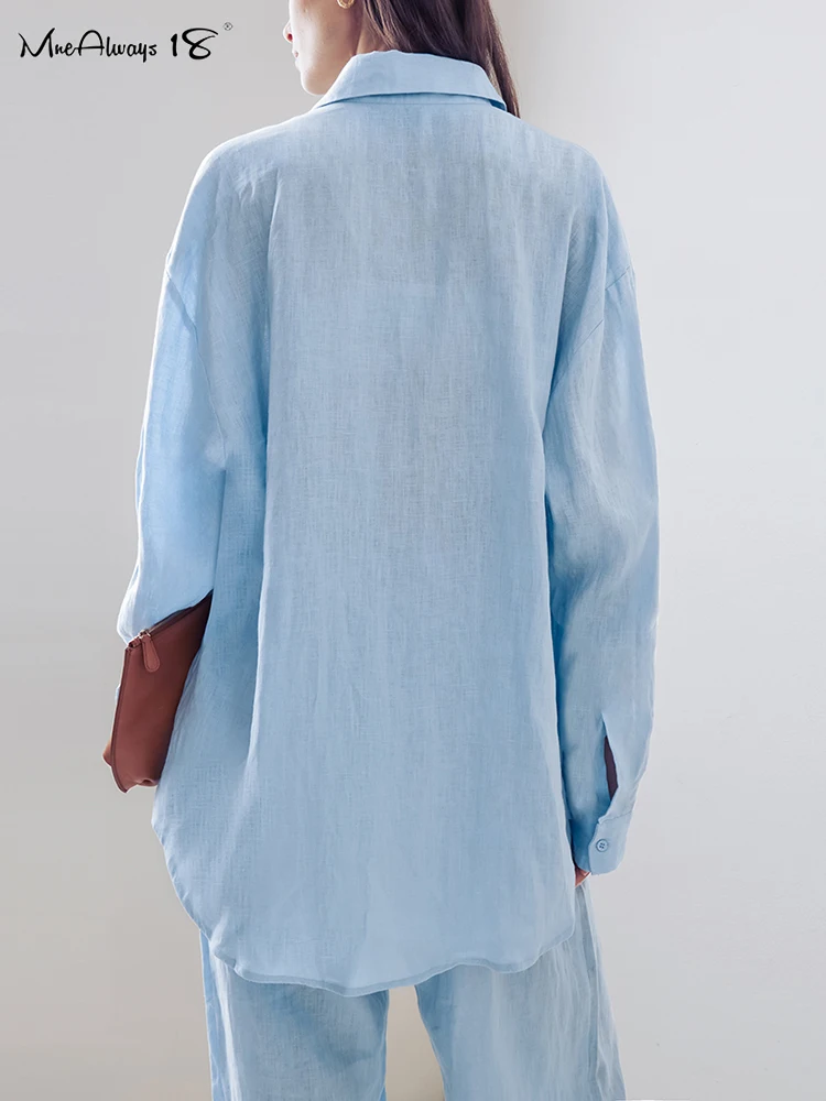 Mnealways18-Ensemble deux pièces décontracté en coton et lin pour femme, tenue de bureau plissée, surdimensionnée, bleu, été, automne, 2024