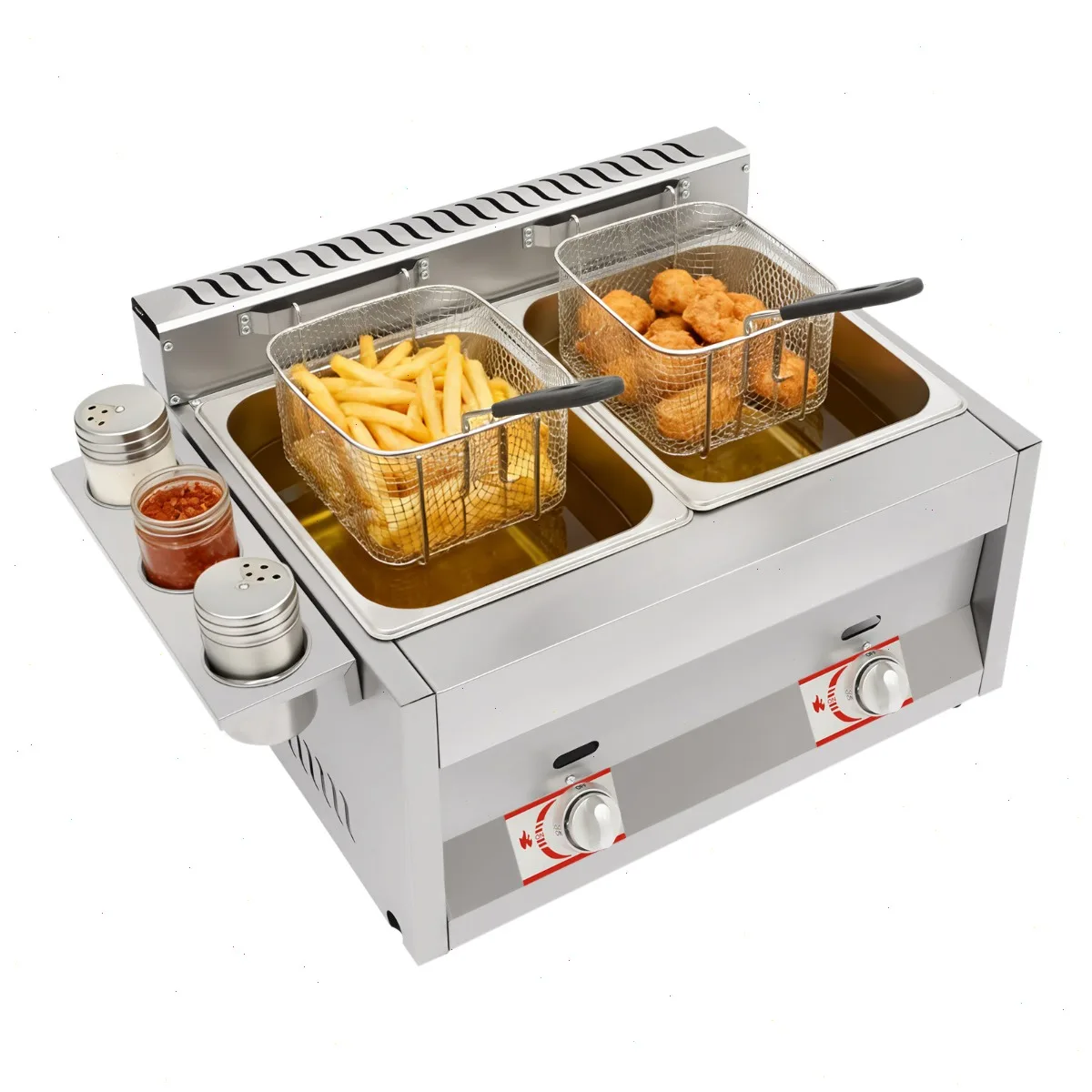 Friteuse à gaz, friteuse professionnelle à gaz, double cuve 6L/chaque cuve avec 50-380 litres ° C Réglable pour restaurant, snack-bar, cuisine