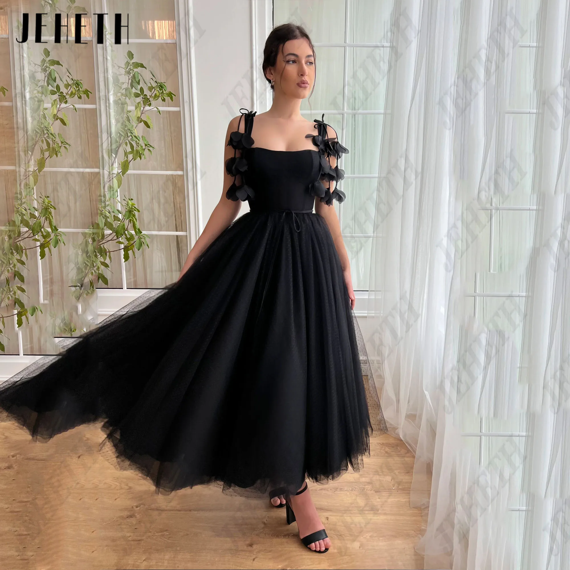 JEHETH Black Sleeveless Prom Dress For Woman Tulle A-Line Strapless Zipper Back Elegant Evening Gowns Vestidos De Gala Custom