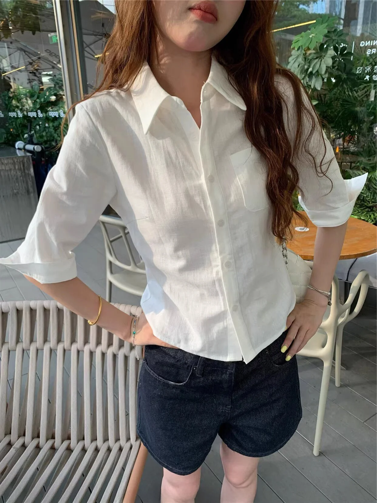 

Elegant White Linen Casual Shirt Women's Mid-Sleeve Summer Lightweight Breathable Collar Casual Shirt Commute Style Top
