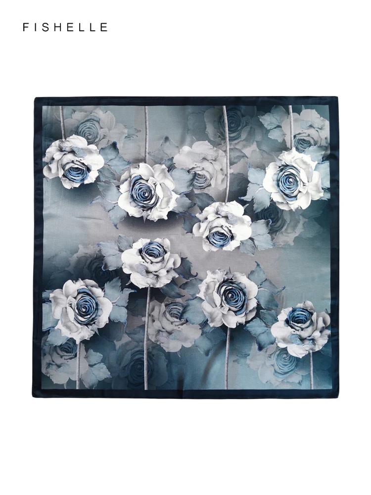 Grey Blue White Rose natural silk scarf for women 65cm square foulard luxury ladies hair scarves headscarf spring autumn