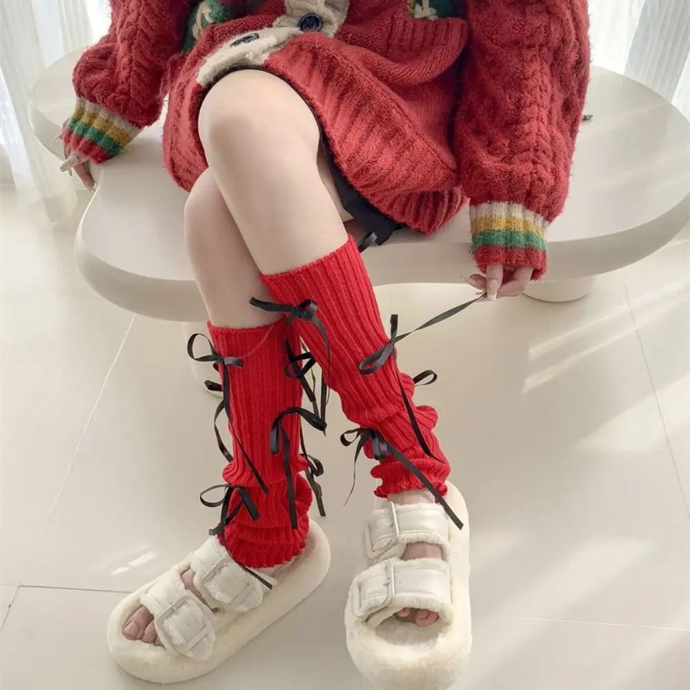 Fashion Japanese New Year Red Socks Lolita Y2k Christmas Knee Socks Ballet Warm Bow Knitted Leg Socks Boot Cuffs