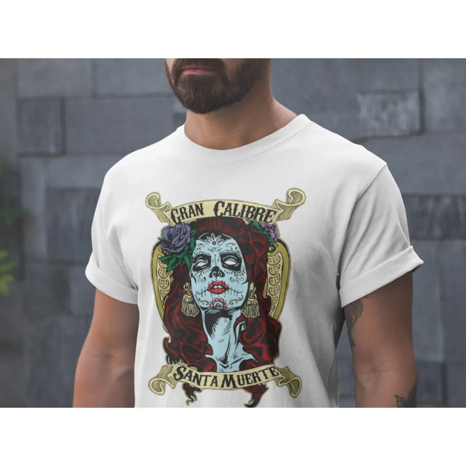 Santa Muerte White T Shirt Skull Tattoo Religion Gran Calibre Halloween vintage Washed Breathable Casual Soft Stretched