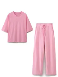 HH Summer Women Casual T Shirt Pant Sets Elegant Pink O Neck Short Sleeve T-Shirt + Drawstring Loose Trousers Sport Suit