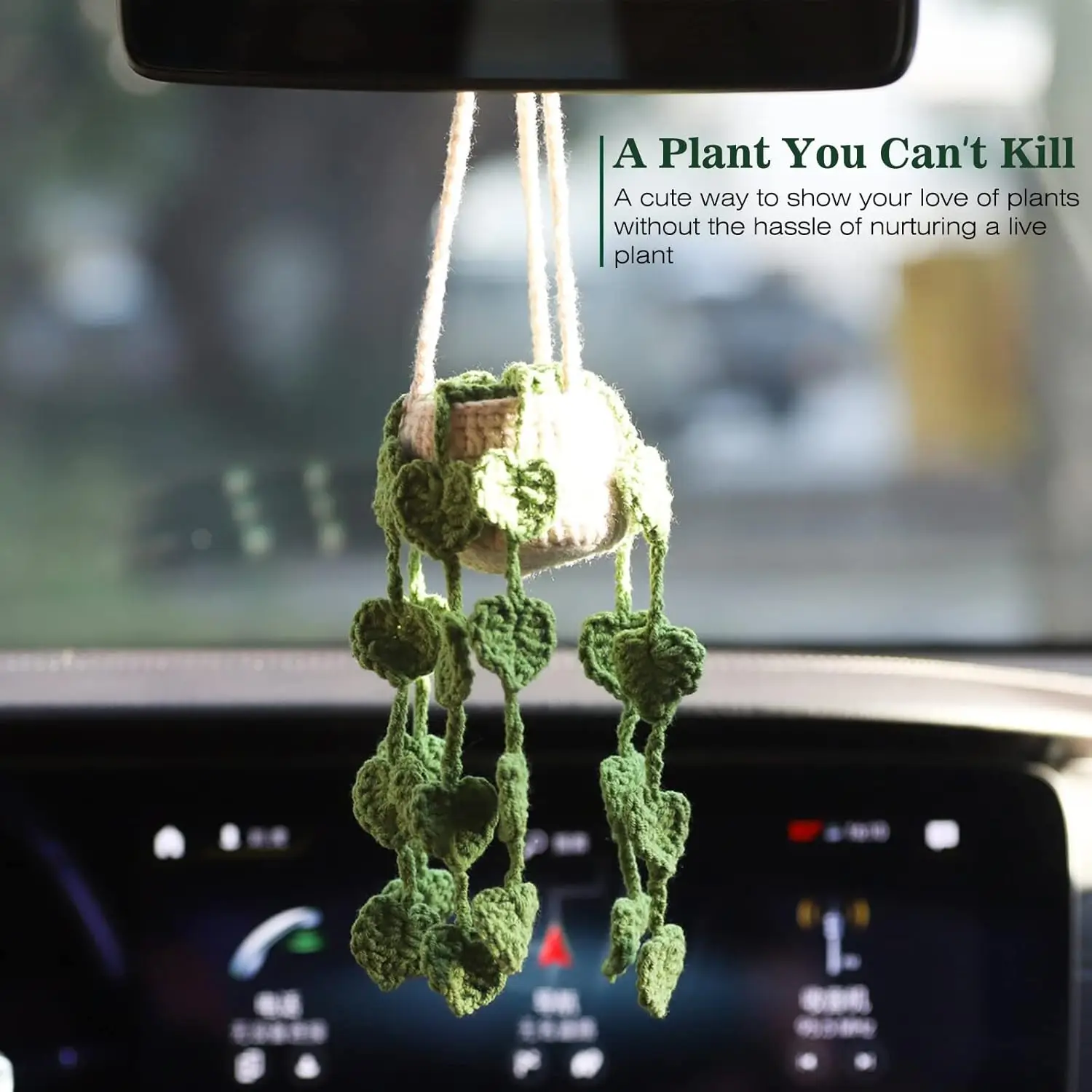 Cute Crochet Plant for Car Rear View , Handmade Car  Hanging Accessories for Women Girls,Green Car Interior Aesthetic Decor Truc