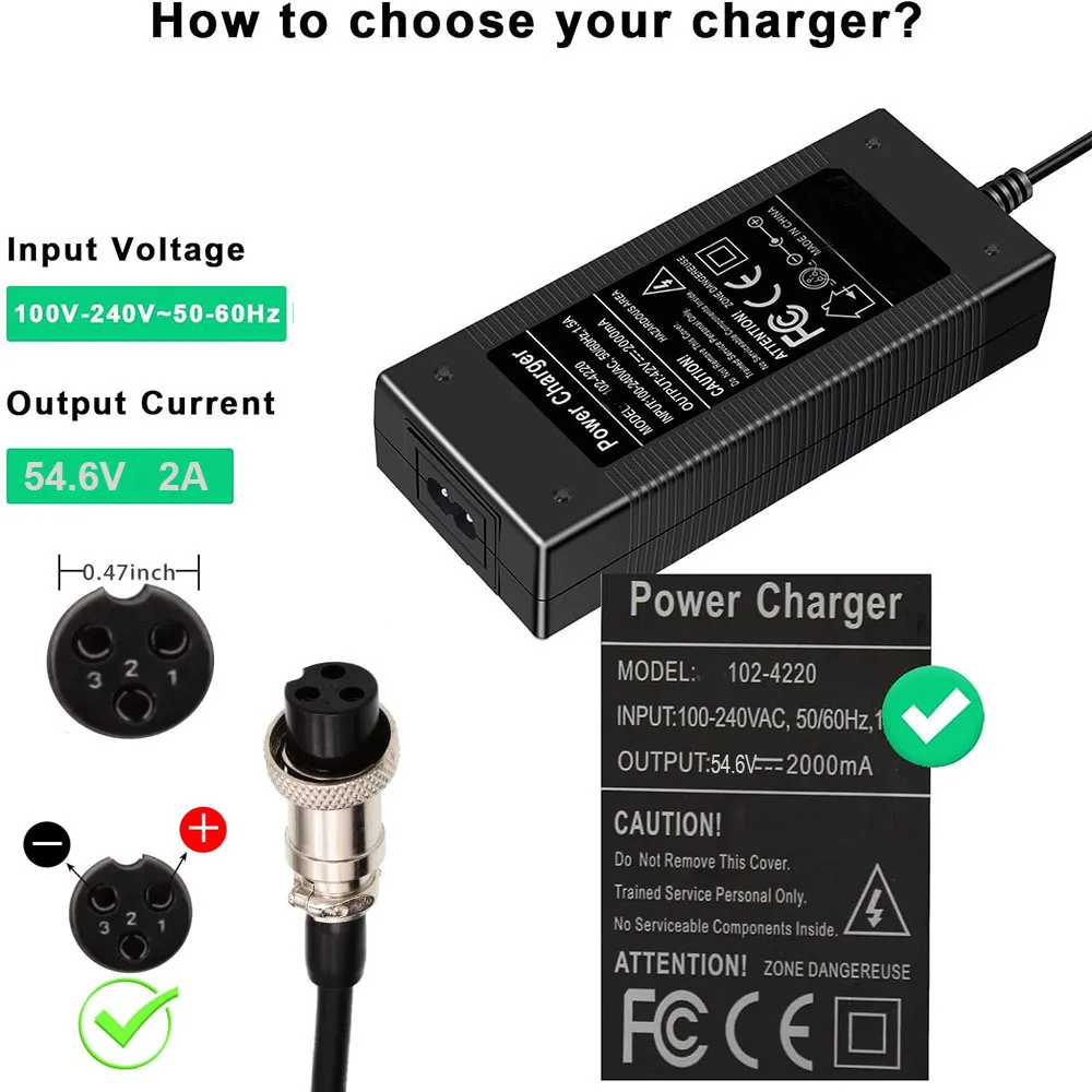 54.6V 2A Charger for 48V Lithium Battery  Skywalker 8S,Evercross H5,Kugoo M4/X1/M4 Pro,GX16/M16 3 Prong Connector Power Adapter