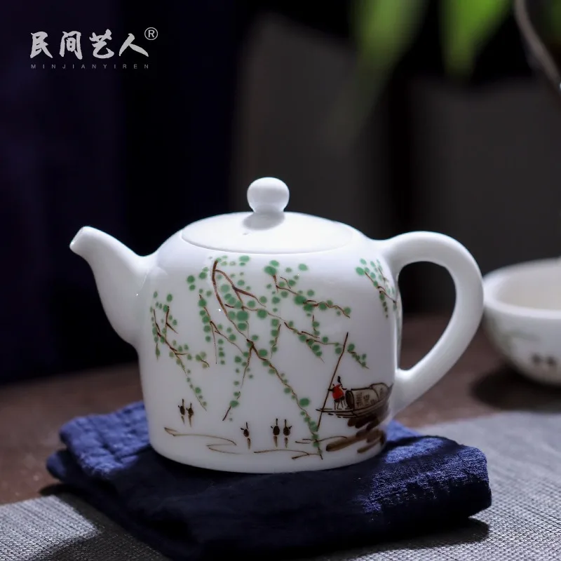 Jingdezhen Underglaze Township Willow Teapot Hand Painted Household Ceramic Tea Maker Porcelain Little Kettle with Handle