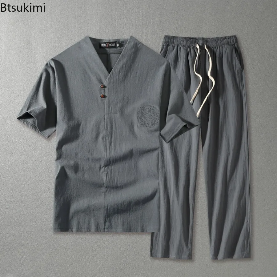 Men's Cotton Linen Casual Suit Sets Loose V-neck Short Sleeved Pants Two-piece Set for Men Summer Solid Breathable Suit Male New