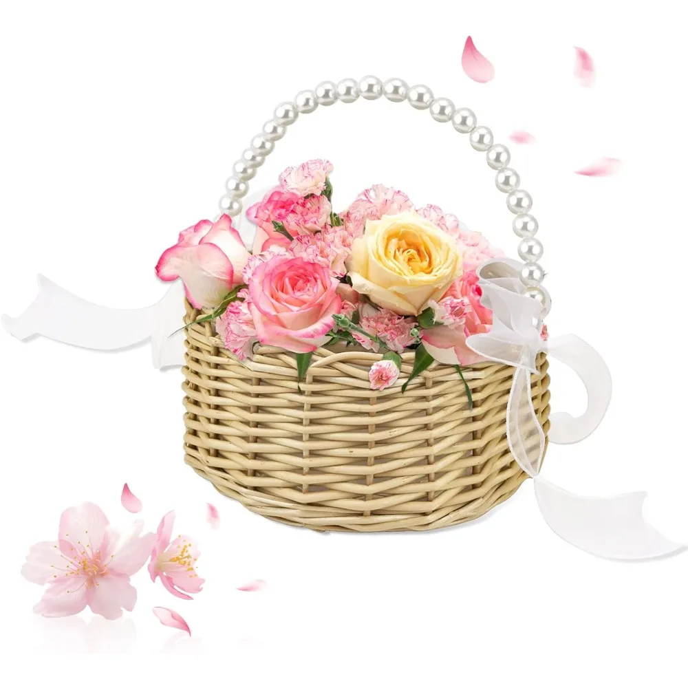 

flower girl basket, wedding flowers basket, large wicker flower girl basket with pearl handle and ribbon bow, handwoven wicker f