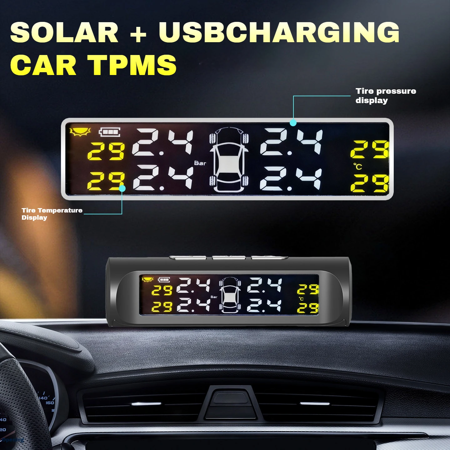Solar Power External Sensor 2026 Auto Security Alarm Tyre Pressure Car TPMS Tyre Pressure Monitoring System Digital LCD Display