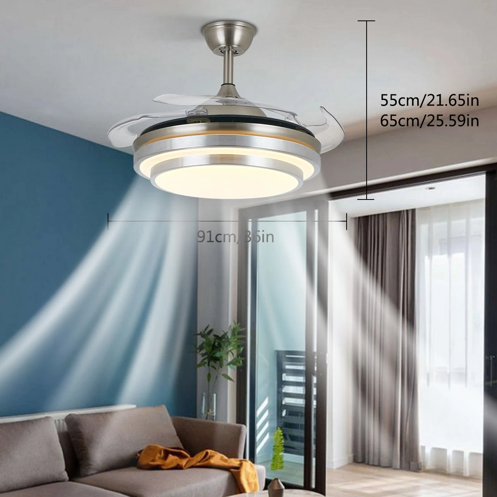 36 Inch Modern Adjustable Invisible Ceiling Fan Light Lamp LED Acrylic ABS Chandelier w/Remote Retractable for Living Room Foyer