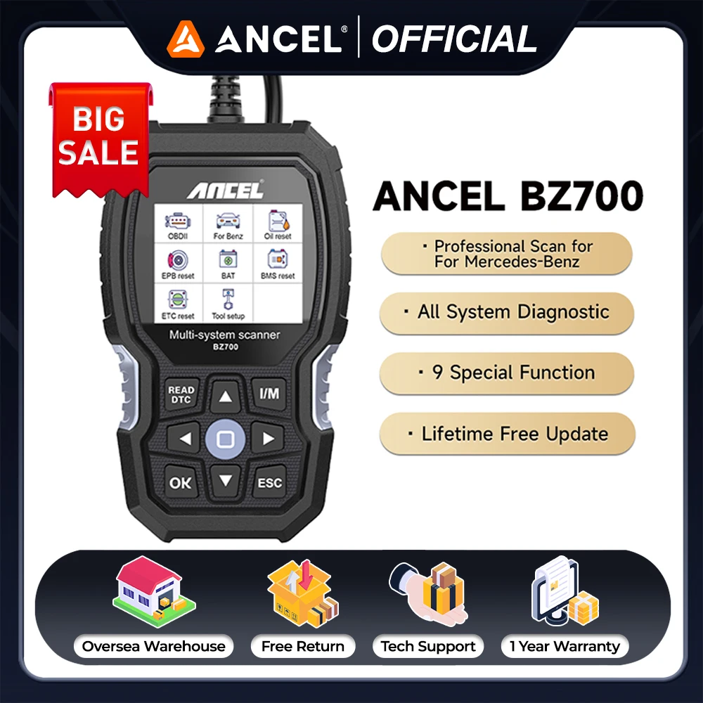 

ANCEL BZ700 OBD2 Scanner for Mercedes Benz Smart Full System Car Diagnostic Tool ABS EPB Oil DPF SAS Battery Engine Code Reader