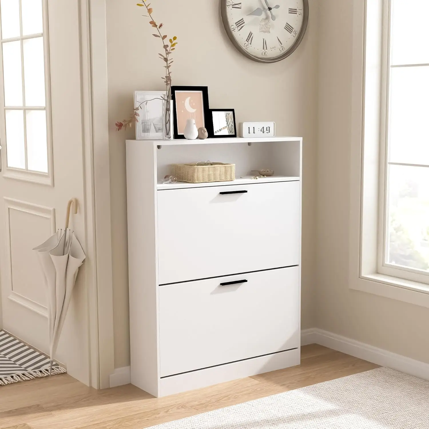 

Shoe Cabinet with 2 Flip Drawers - Shoe Storage Cabinet with Open Storage Compartment, Freestanding Hidden Shoe Storage