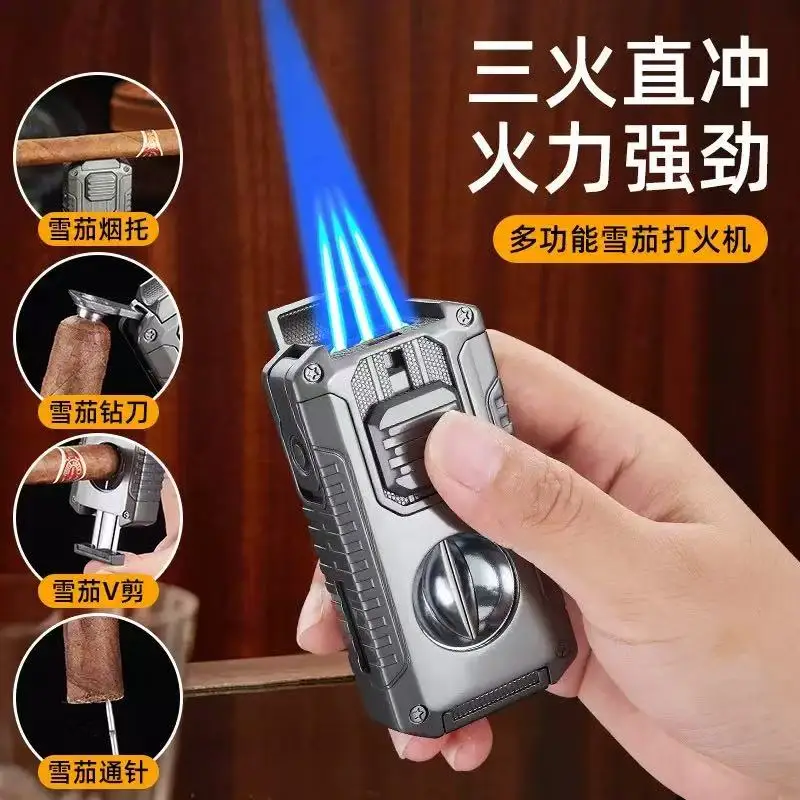 Portable Multi-Function Metal Lighter with Cigar Cutter, Creative Triple Flame Direct Blow Lighter, New Design