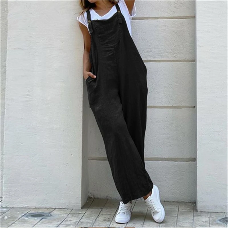 Jumpsuit musim panas untuk wanita warna Solid Jumpsuit celana panjang kasual saku kancing kaki lebar tali Jumpsuit longgar baju monyet overall