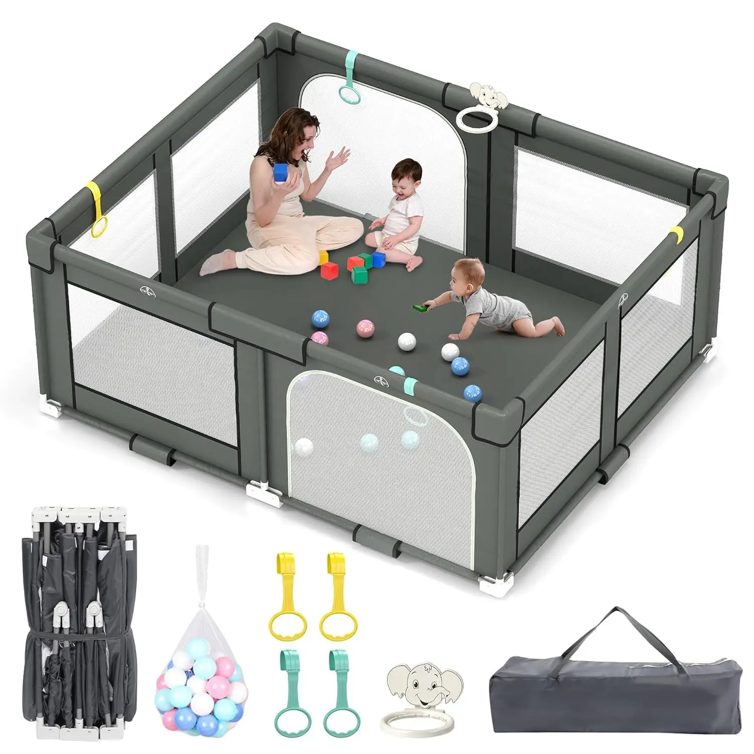 Playpen for Babies and Toddlers, Extra Large Collapsible Play Pen with Basket, 4 Handlers & 50 Ocean Balls, Portable Travel Play