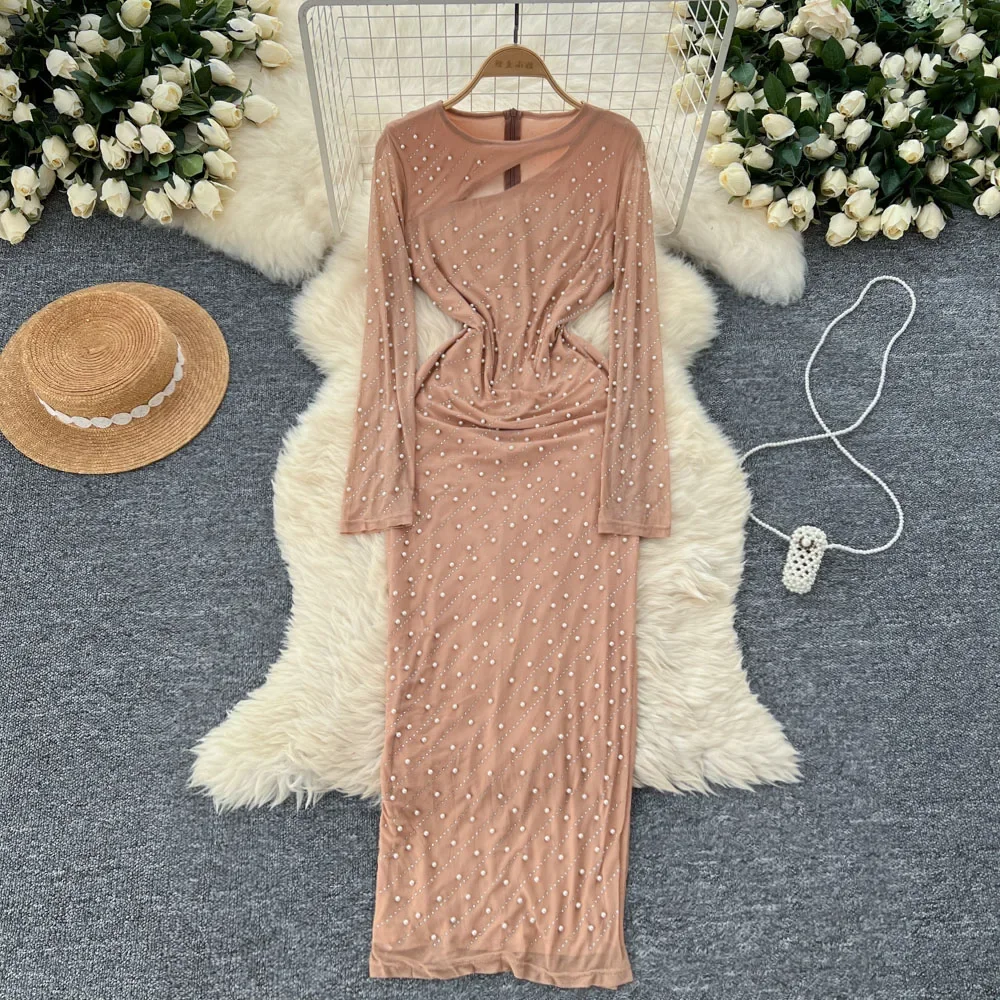 Vintage O-neck Chic Rhinestone Asymmetrical Mesh Dresses Women Korean Sexy Evening Party Slim High Street Autumn Winter Clothing