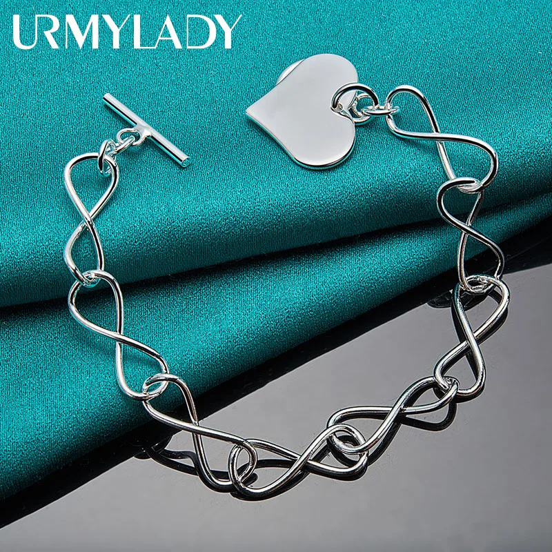 

URMYLADY 925 Sterling Silver Love Heart Pendant Bracelet For Woman Wedding Engagement Party Fashion Jewelry