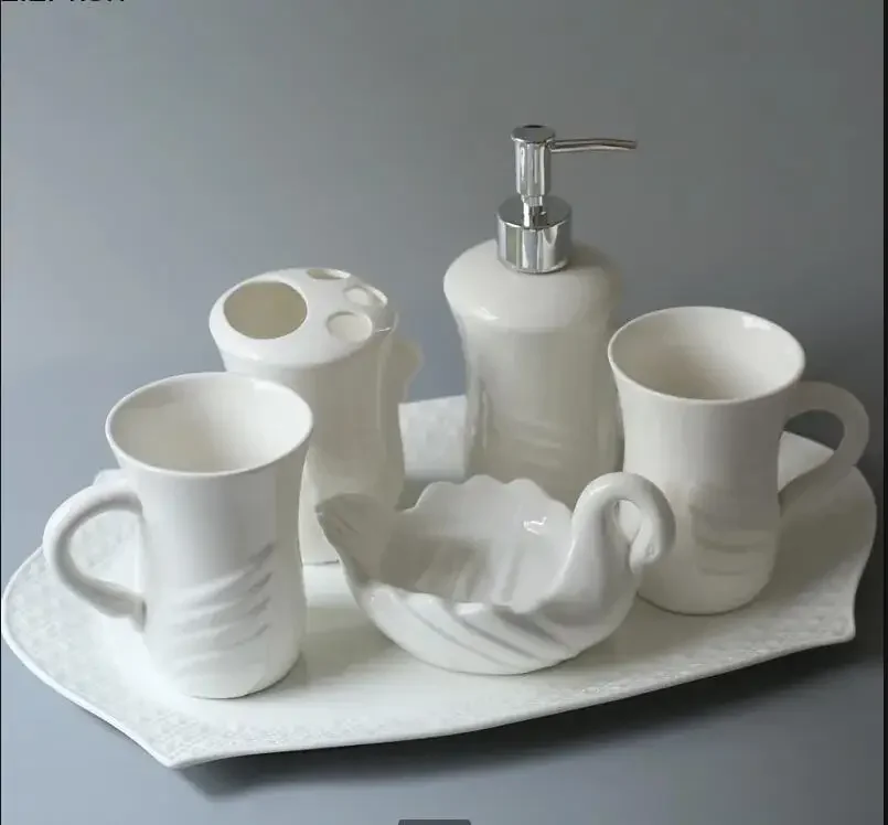 White Ceramic Bathroom 5 Piece Set Storage Tray Supplies Wash Lotion Bottle Soap Dish Mouth Cup Toothbrush Holder