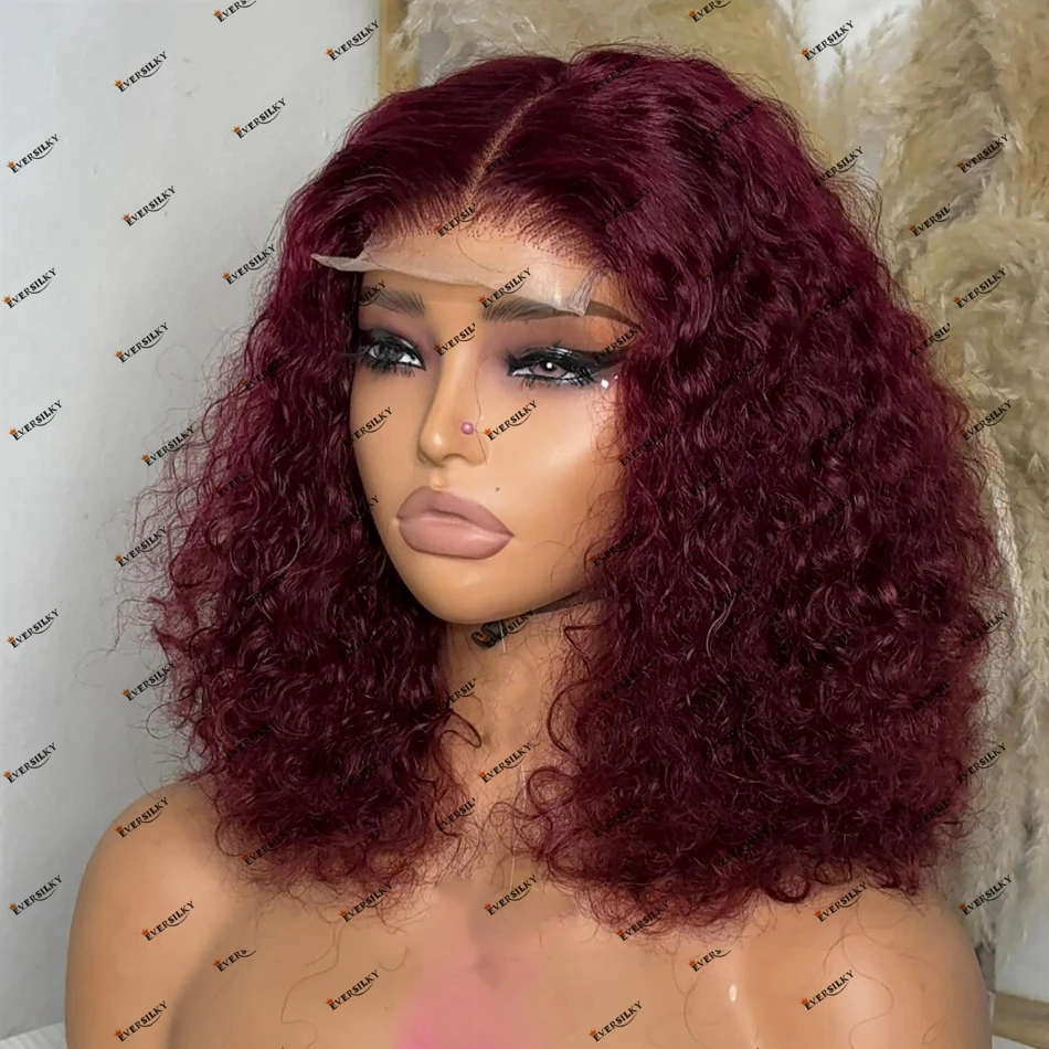 99J Loose Deep Curly Afro Women's Human Hair Lace Front Wig Dark Burgundy 5x5 HD Lace Closure Wig Bob Hair 13x6 Lace Front Wig