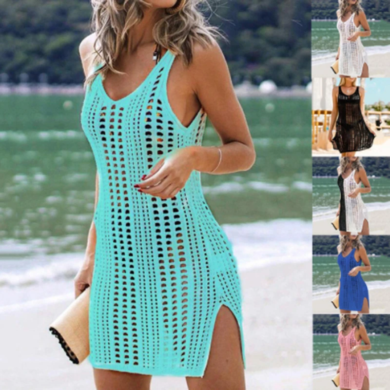 Sexy Hollow Out Beach Dress Women V Neck Sleeveless Crochet Swimsuit Cover Up Vestidos Female Bathing Suit