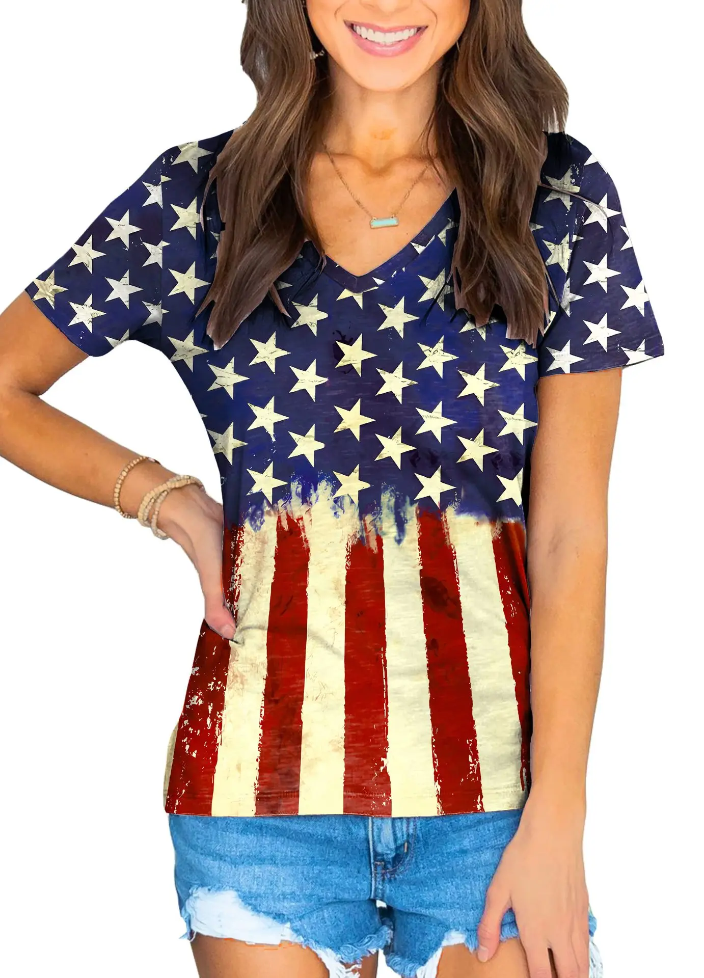Fashion American Flag T-Shirts USA 3D Print Summer Women Casual Short Sleeve V-Neck T Shirt Top Y2k Harajuku Tee Female Clothing