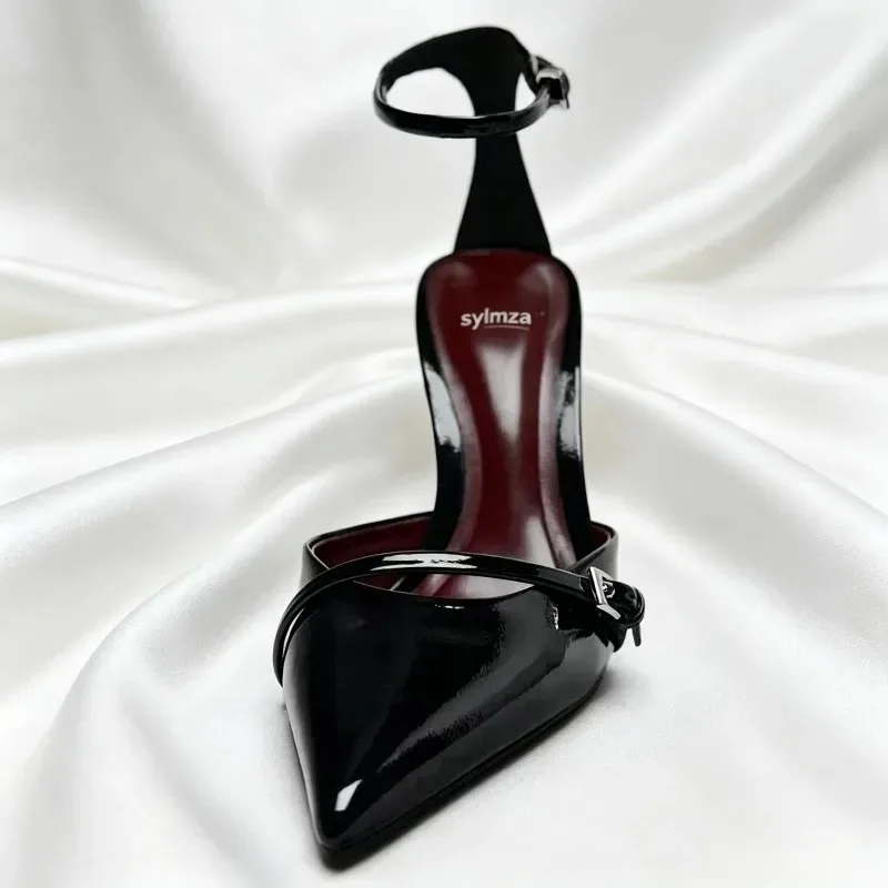 Patent Leather Sexy Thin High Heels Women Ankle Strap Pointed Pumps Dress Shoes Belt Buckle Elegant Brand Office Sandals Women