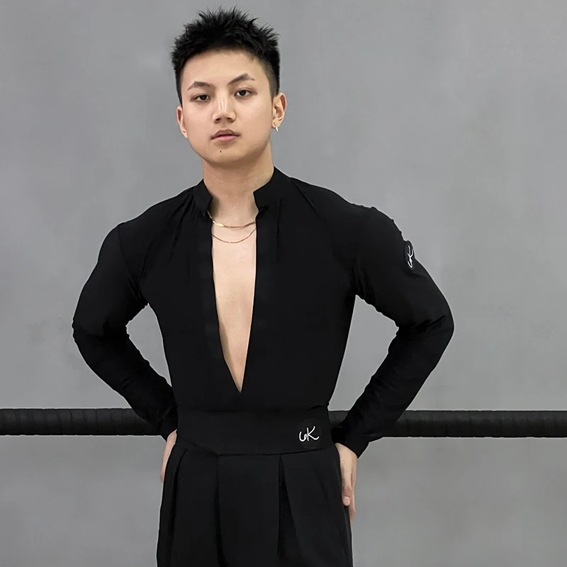 ใหม่เสื้อเต้นรำละตินสำหรับชาย V คอยาวแขนยาวเสื้อซัมบ้าโมเดิร์นแดนซ์เสื้อผ้าผู้ใหญ่ละตินสวมใส่ DQS17185