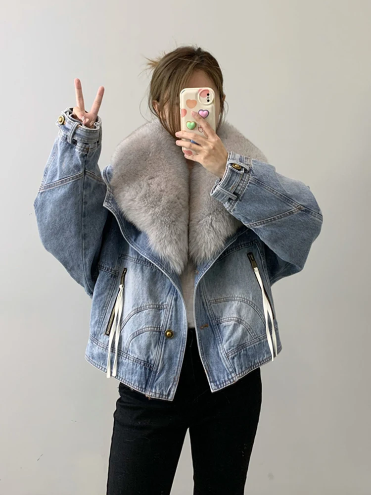 2023 Winter Women\'s Denim White Goose Down Coats With Natural Real Fox Fur Collar Outwear Luxury Female Jacket