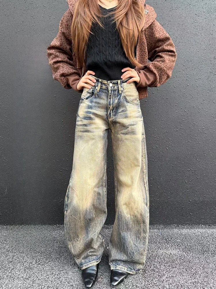 

Retro American Washed Bamboo Patterned Knife Pants High Street Design Sense Men Women Wide Leg Jeans Casual Style Polyester F...