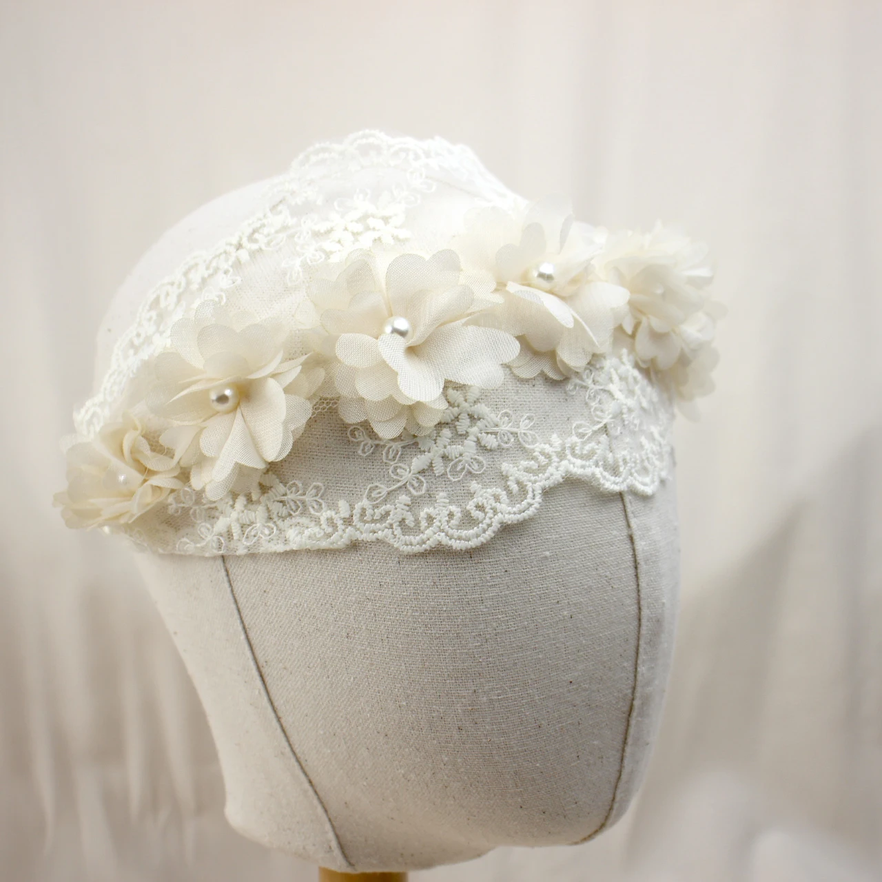 Baby Lace Pearl Headband Beige Chiffon Flower Hollow Printed Elastic Headbands Little Princess Hair Accessories Kids Headwear