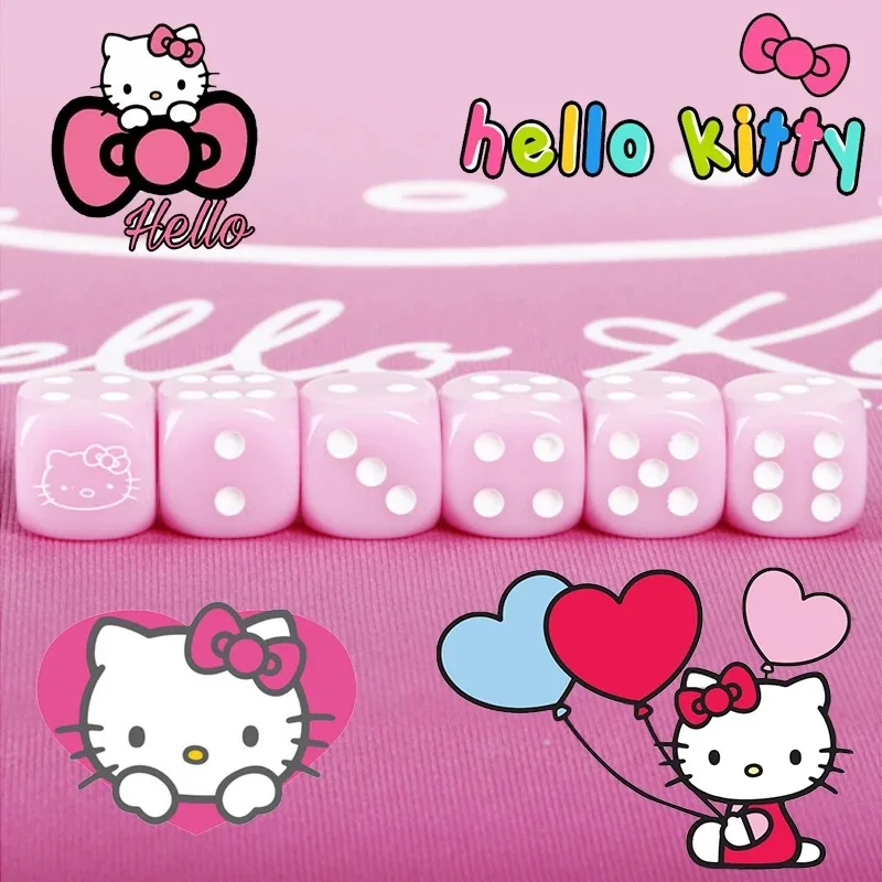 6PCS Sanrio Hellokitty Dice 14mm Six Sided Playing Games Dice Cartoon Pattern Cute Pink Acrylic Dice for Table Board Games Party