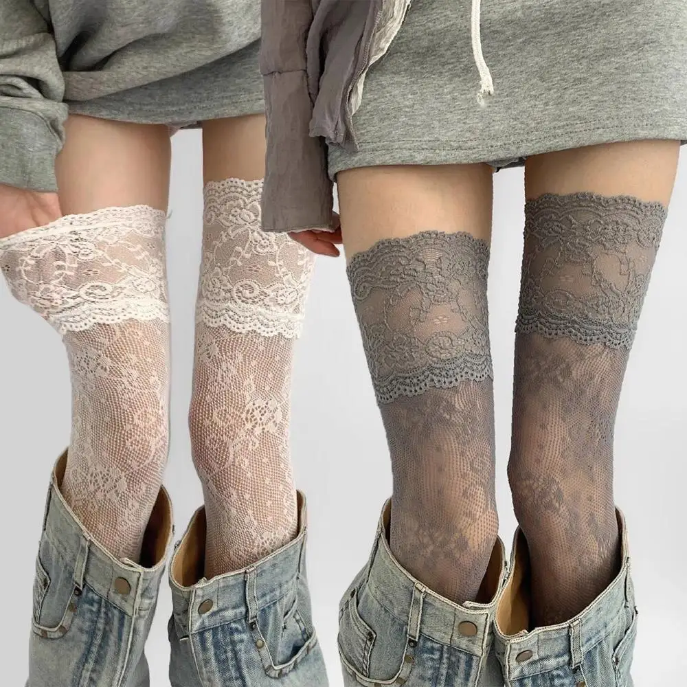 

Women's Sexy Lace Floral Fishnet Stockings Costumes JK Lolita Thigh High Socks Nylon Mesh Breathable Over The Knee Stockings New