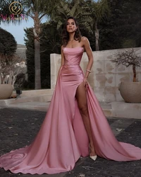 Pink Long Prom Dress 2024 Elastic Satin Boat Neckline Strapless High Slit Pleat A Line Evening Gown Party Women Special Occasion