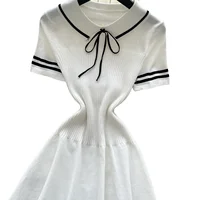 Women's White Short Sleeve Peter Pan Collar Bow Sundress Striped Hem Stretchy Ribbed Knit A-Line Mini Dress Casual Party Dress - Image 5