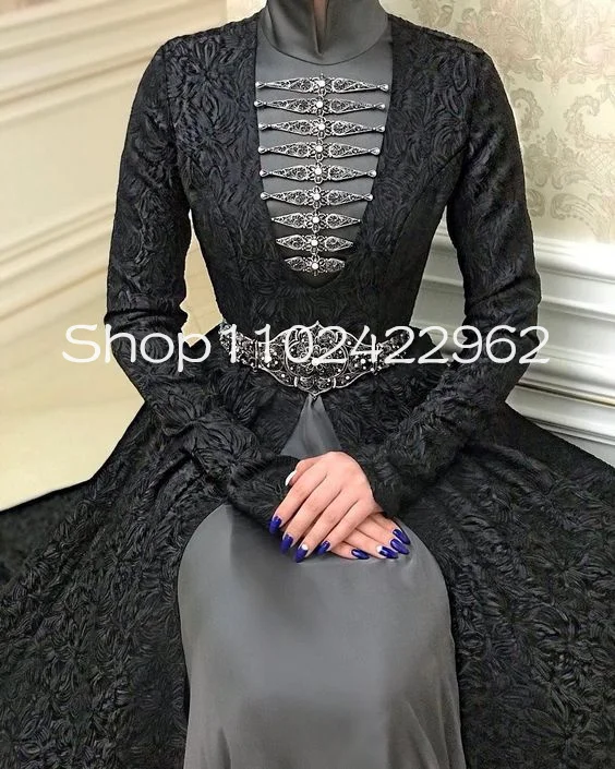 Traditional Caucasian Black Silver Prom Party Dress Long Sleeve High Neck Muslim Caftan Moroccan Evening Dresses