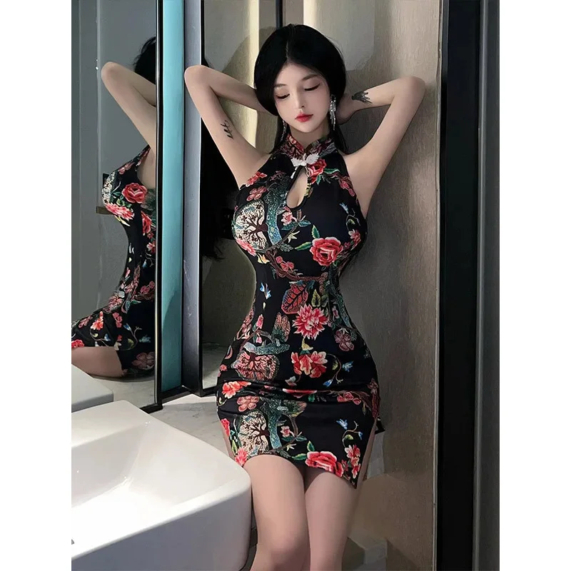 Sexy fun advanced sense split sleeveless printed cheongsam tight nightclub uniform temptation sheer charm atmosphere dress