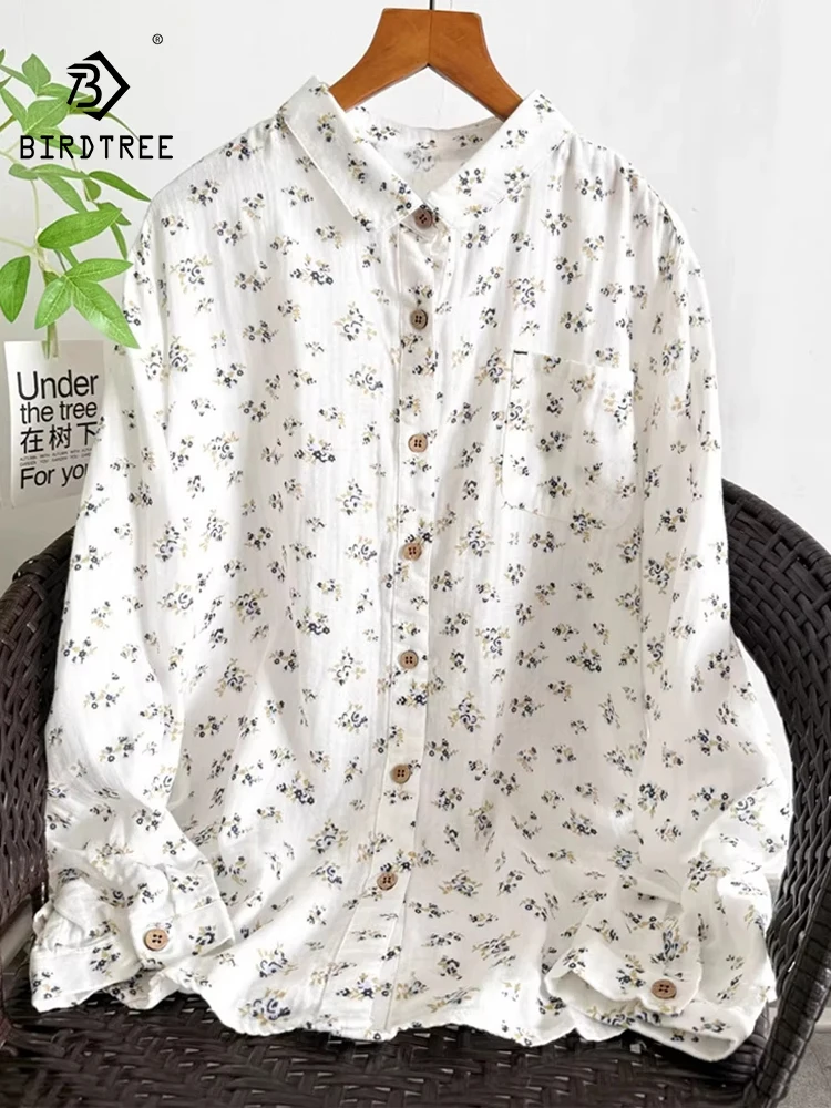 

New 2026 Summer Women Cotton Yarn Long Sleeve Shirt, Lapel Floral Print, Mori Girl Fashion Commute Soft Loose Blouse T64421CC