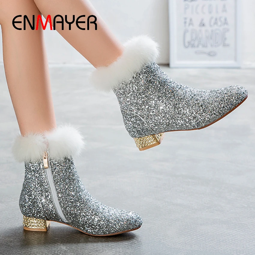 

ENMAYERENMAYER Square Heel Solid Bling Sequined Ankle Boots for Women Round Toe Platform Catwalk Shoes Silver women boots