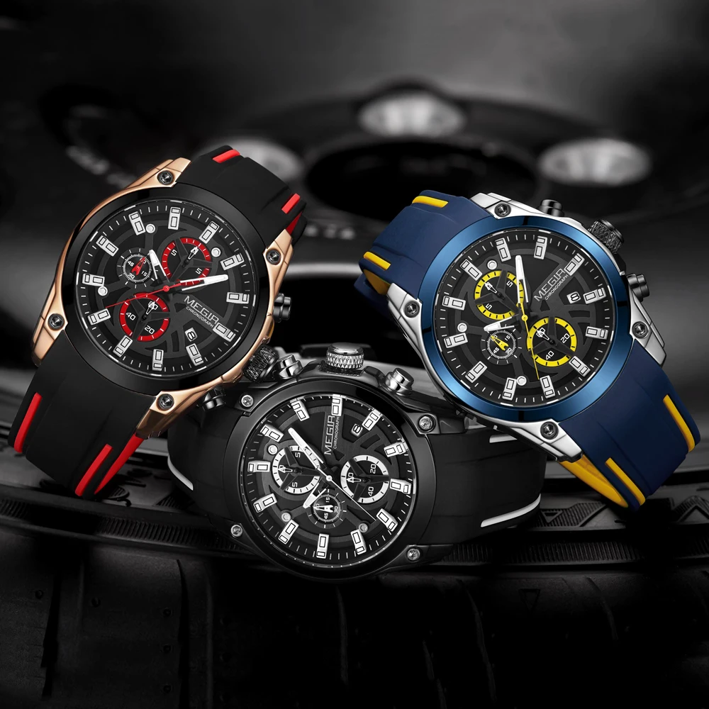 MEGIR Men's Quartz Watch Top Brand Luxury Rubber Band 3ATM Water Resistant Business Chronograph Mens Sports WristWatches 2144
