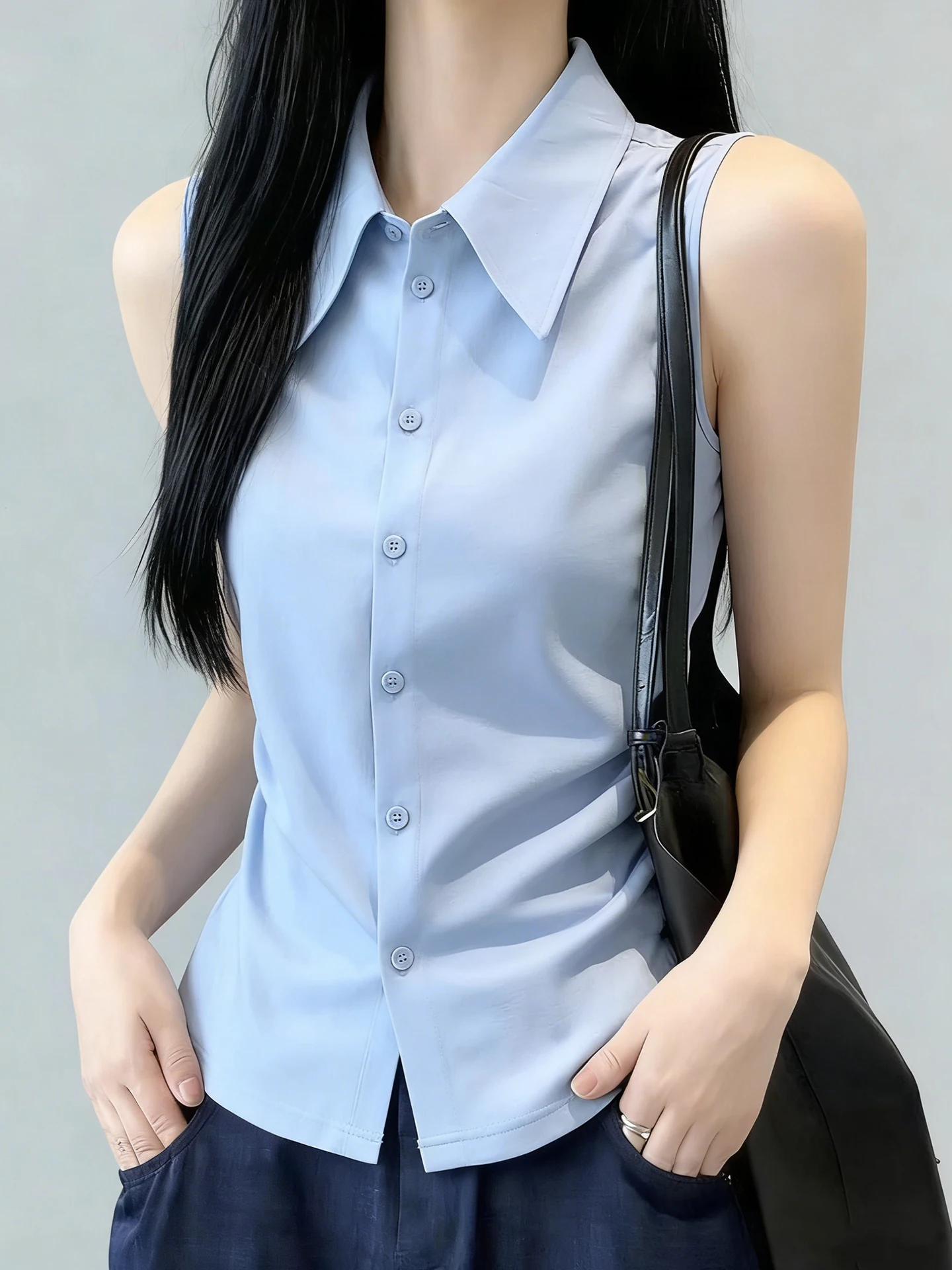 

Casual Single Button Sleeveless Neck Design Women's Shirt Pure Color Versatile Vest Spring New Style Commute Korean Version